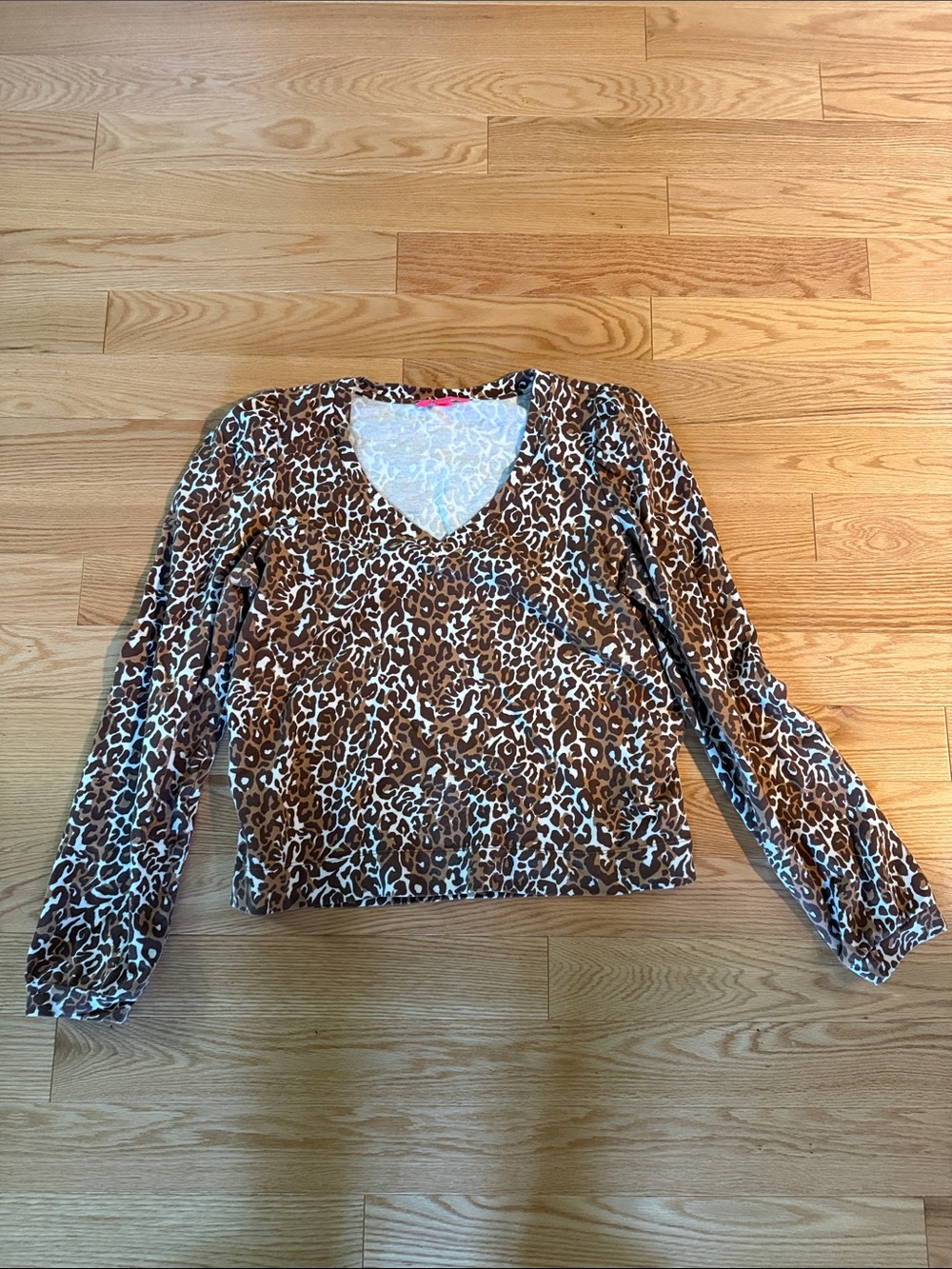 V-Neck Long Sleeve Leopard Print Women's Top - Brown